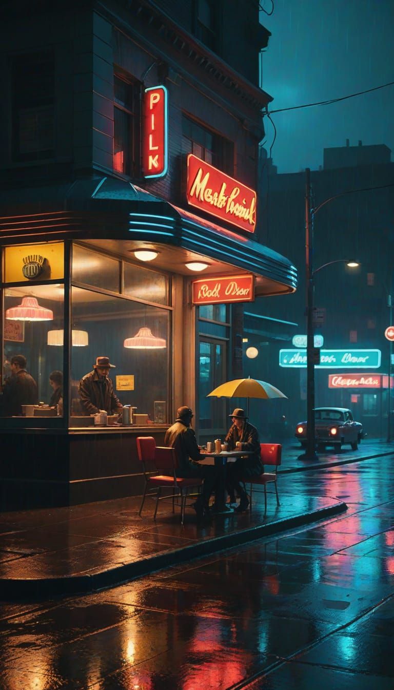 Noir Corner Diner Masterpiece: Rainy Night Cityscape