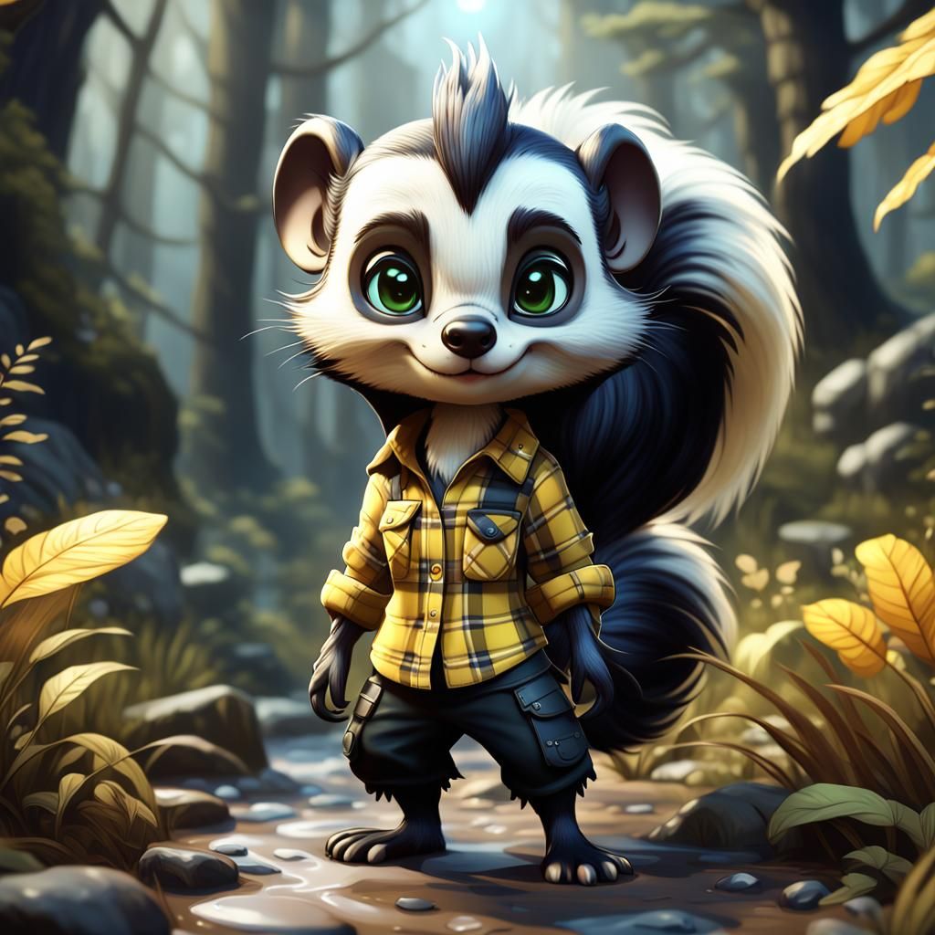 Chibi Skunk in Flannel Shirt: Detailed Matte Painting