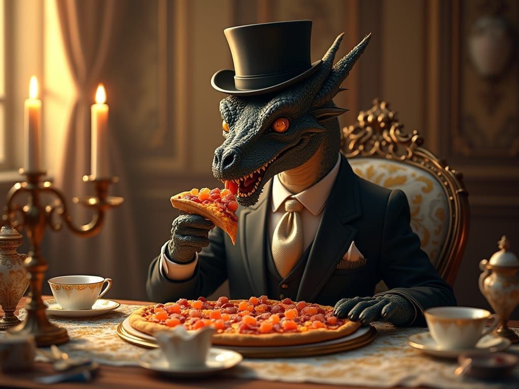 Elegant Dragon Savoring Gourmet Pizza at a Whimsical Tea Par...