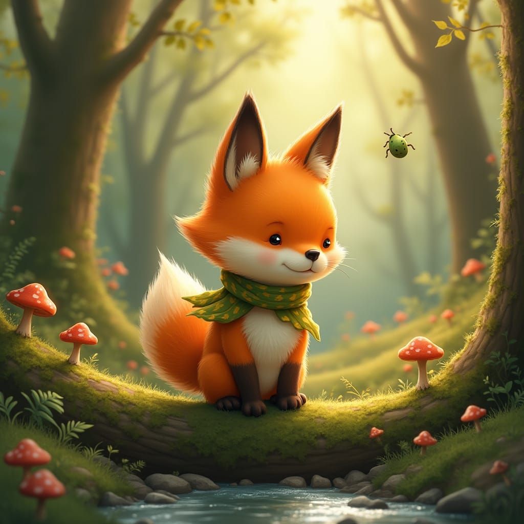 Whimsical Fox Surrounded by Mushrooms in a Serene Forest