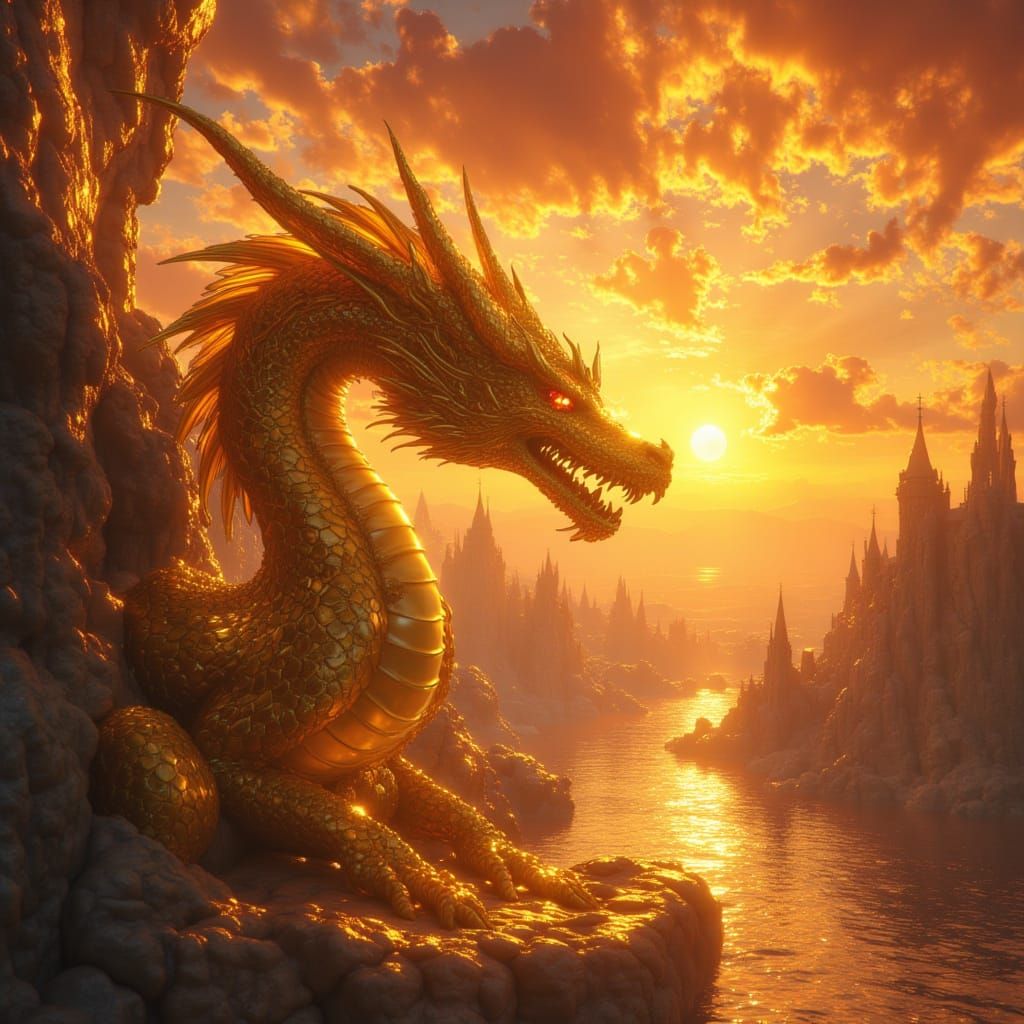 Golden Dragon in Stained Glass Sunset