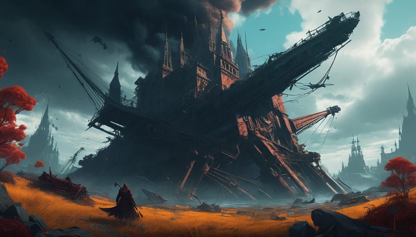 Cyberpunk Dark Fantasy Orchestra in Hellish Landscape