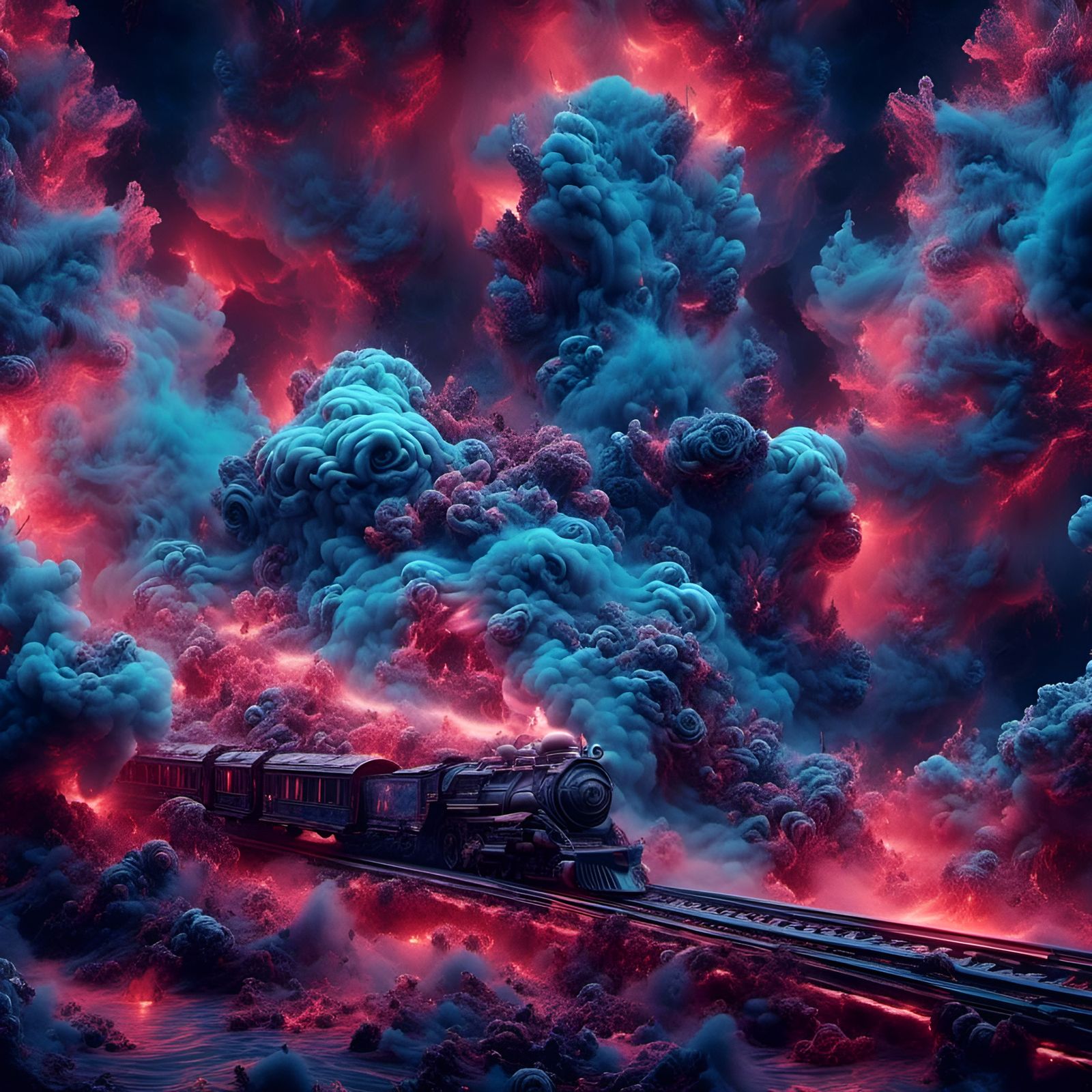 Neon Red Train in a Fluorescent Dreamscape