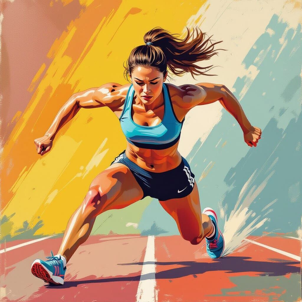Woman Sprinter in Motion, Expressive and Vibrant Art