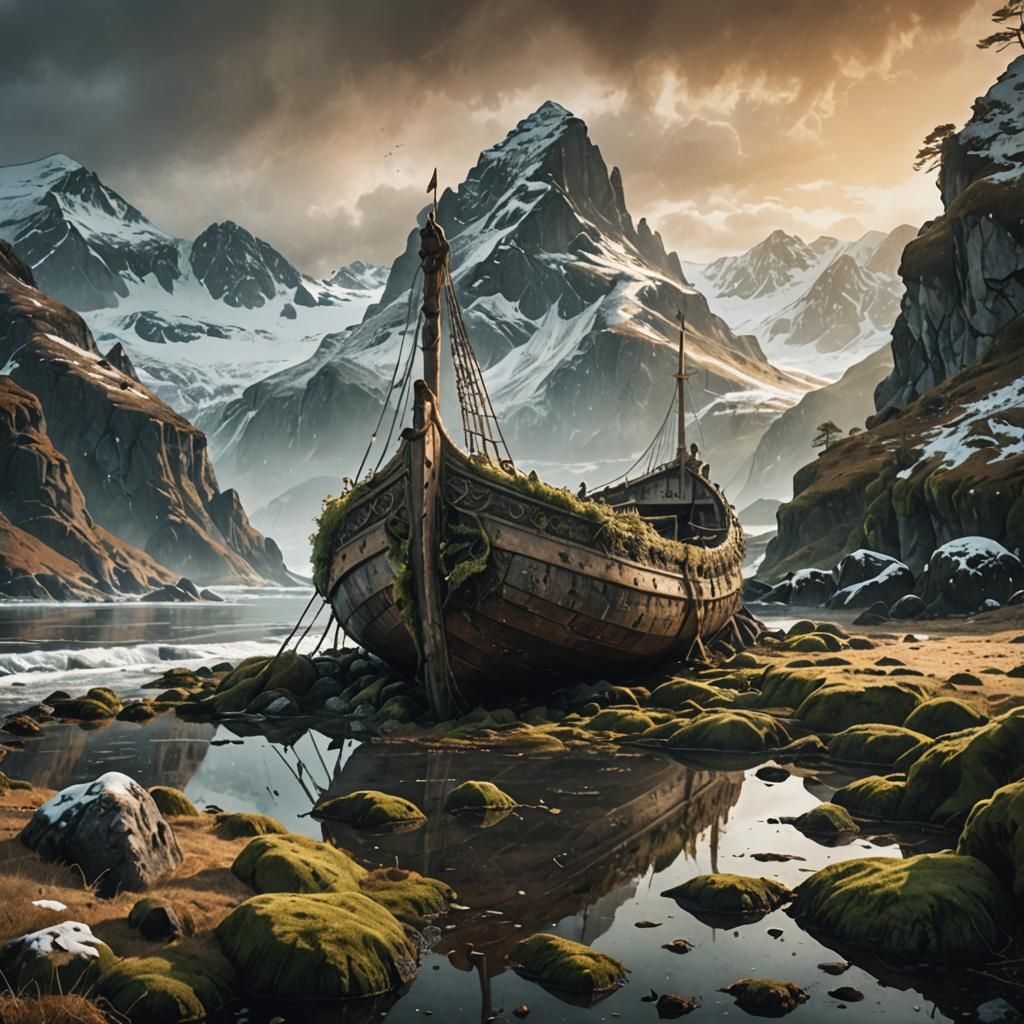 Viking Longship on Rocky Shore: Ethereal Landscape Art