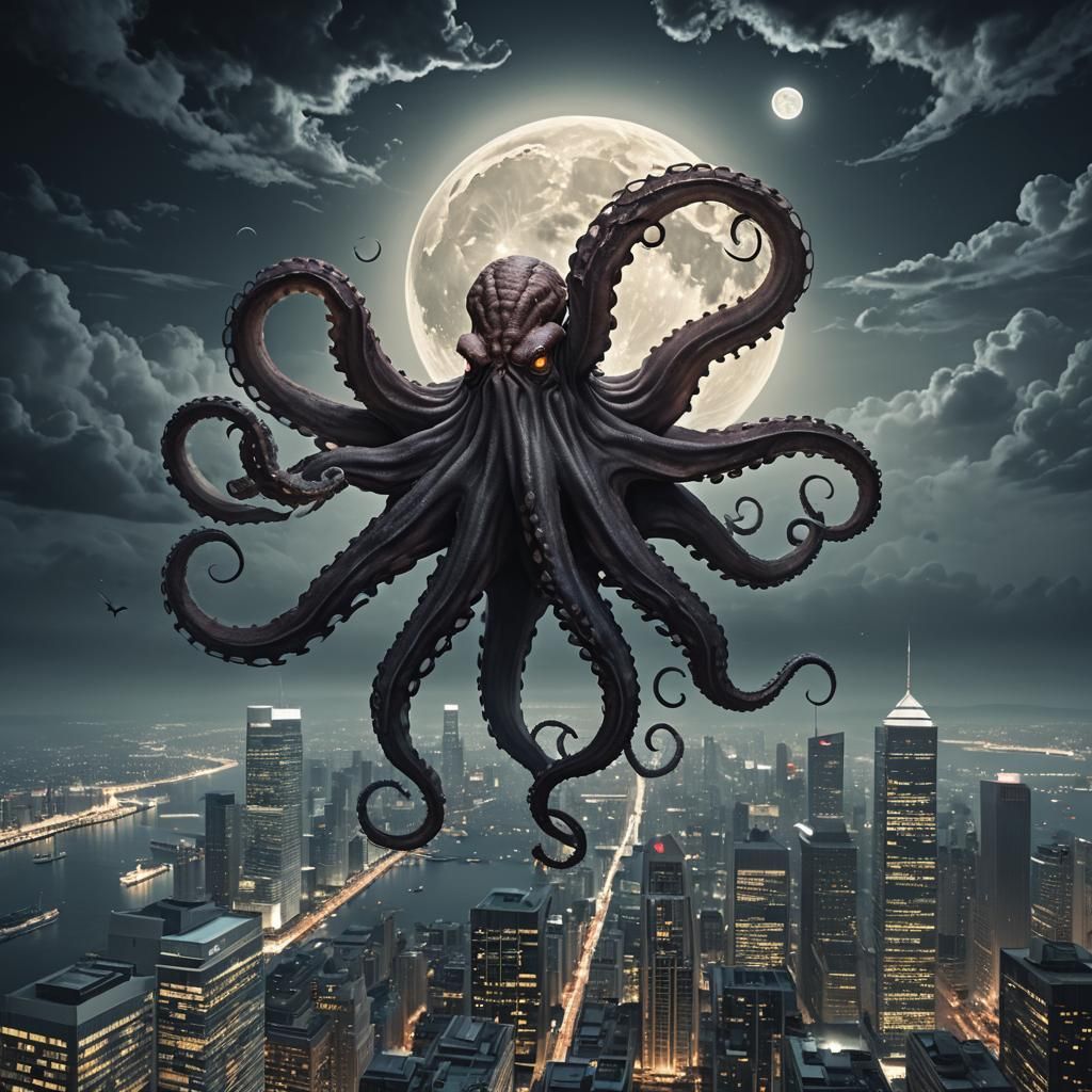 Muscular Octopus Flying Over Night Skyline