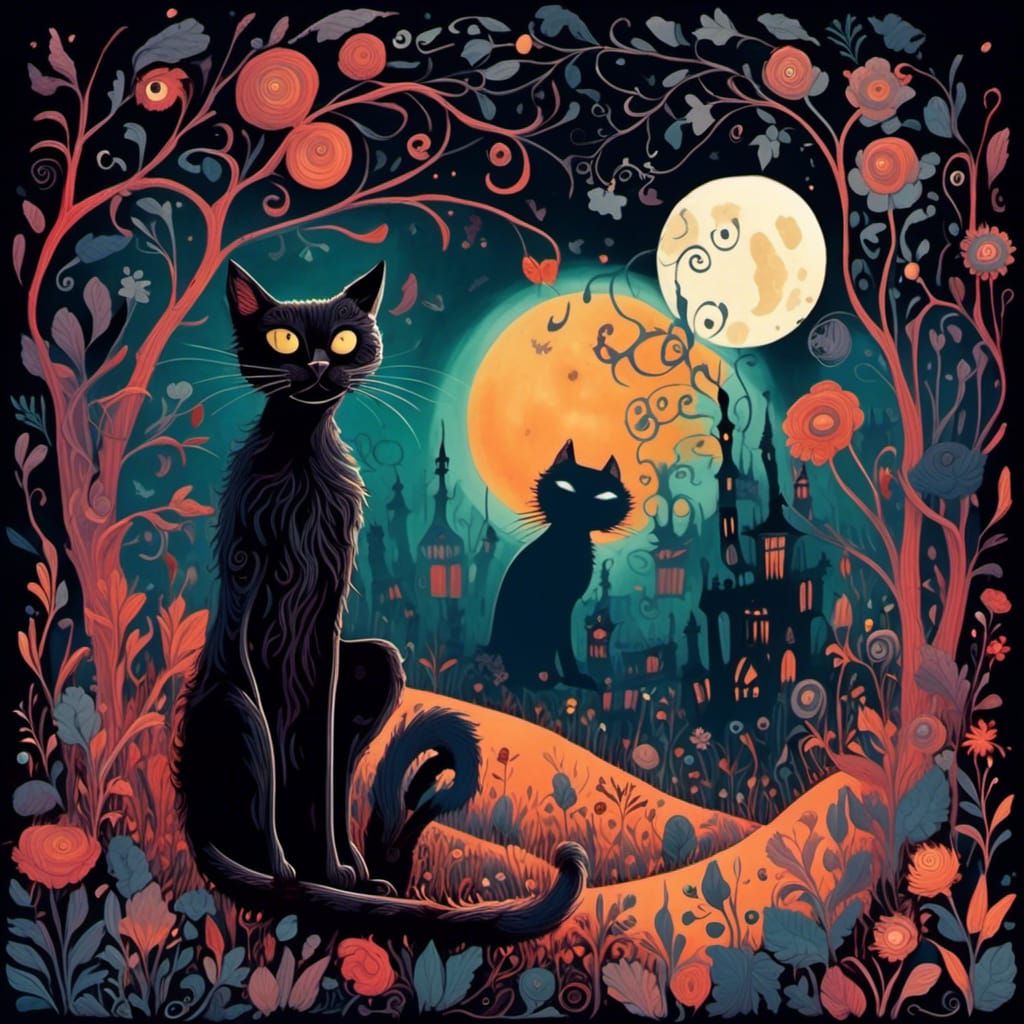 Gothic Whimsical Cat Silhouette in Dark Fantasy Scene