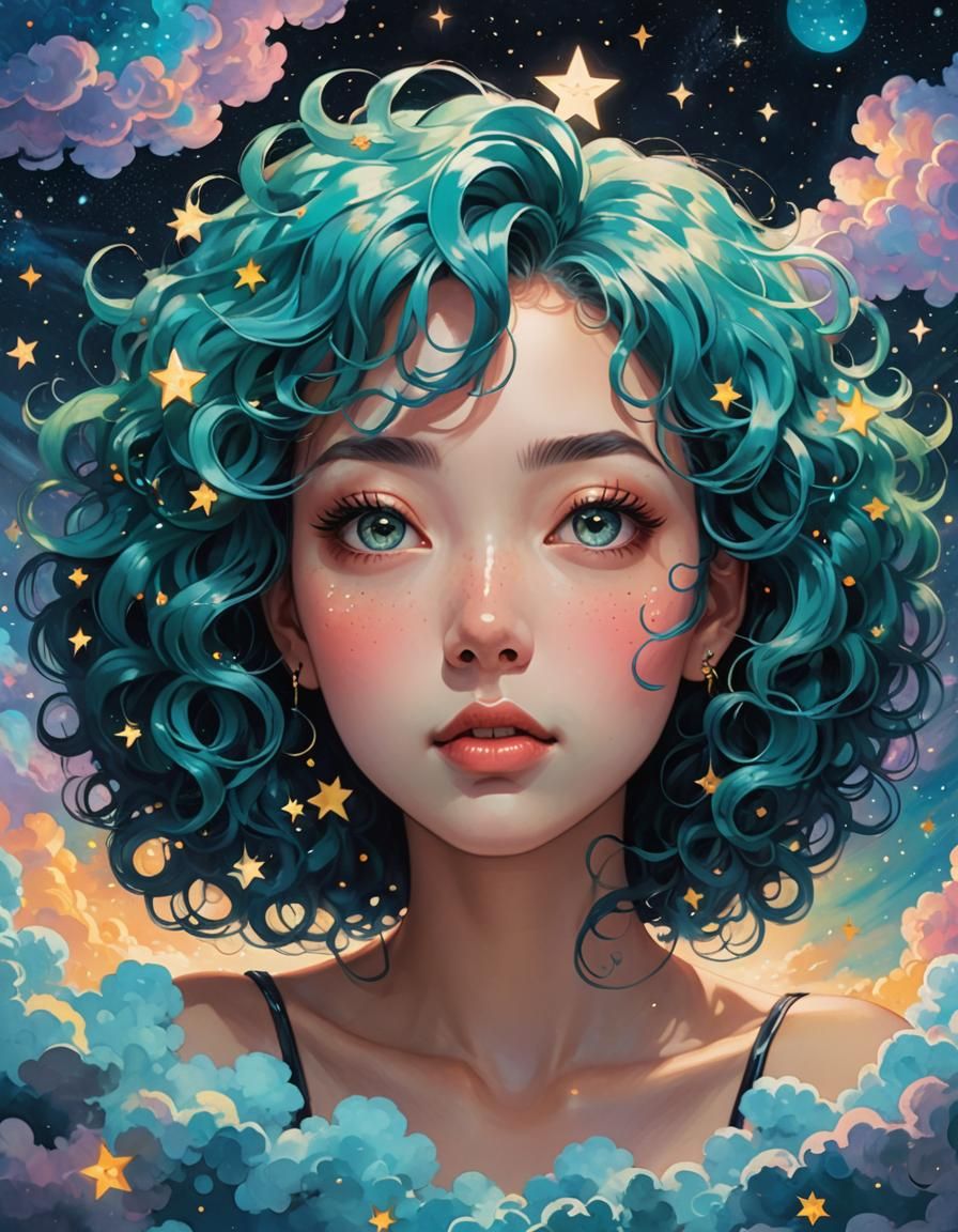 Dreamy Teal-Haired Woman in Celestial Sky