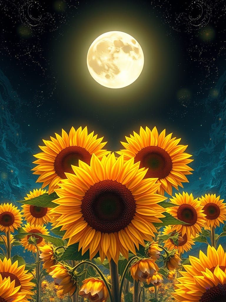 Gigantic Sunflowers Under a Wavy Moon in Anime Style