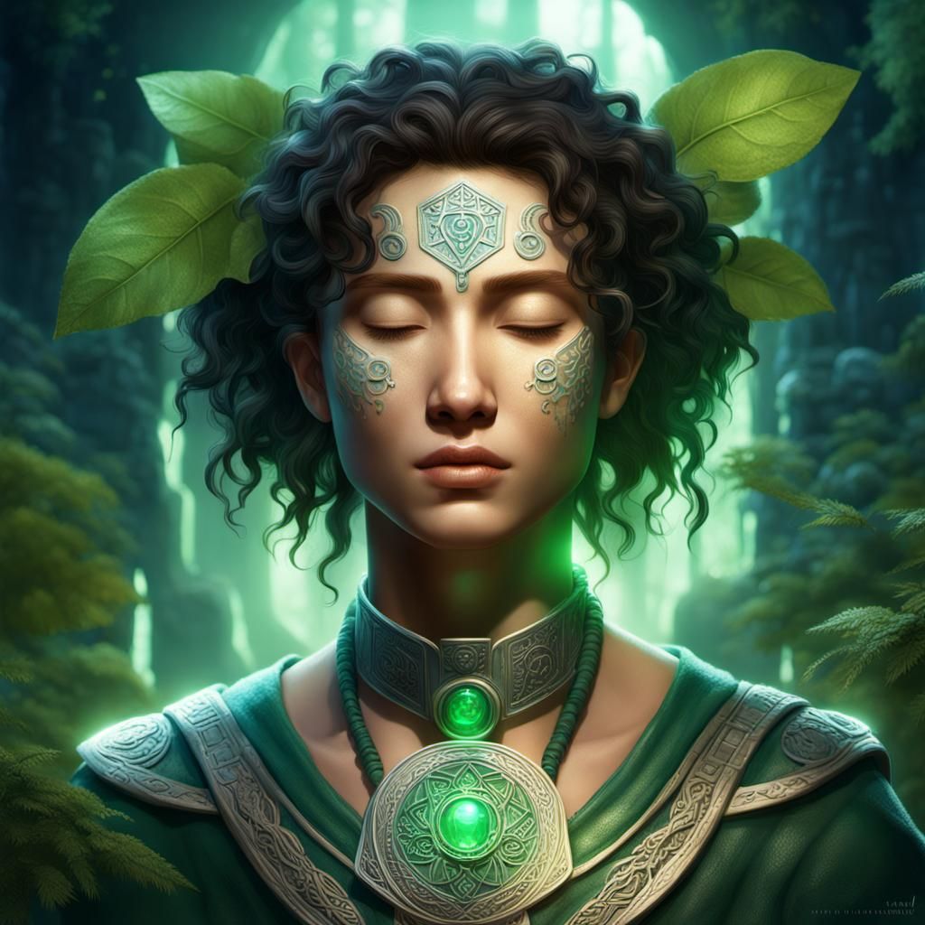 Serene Face Surrounded by Glowing Ancient Symbols