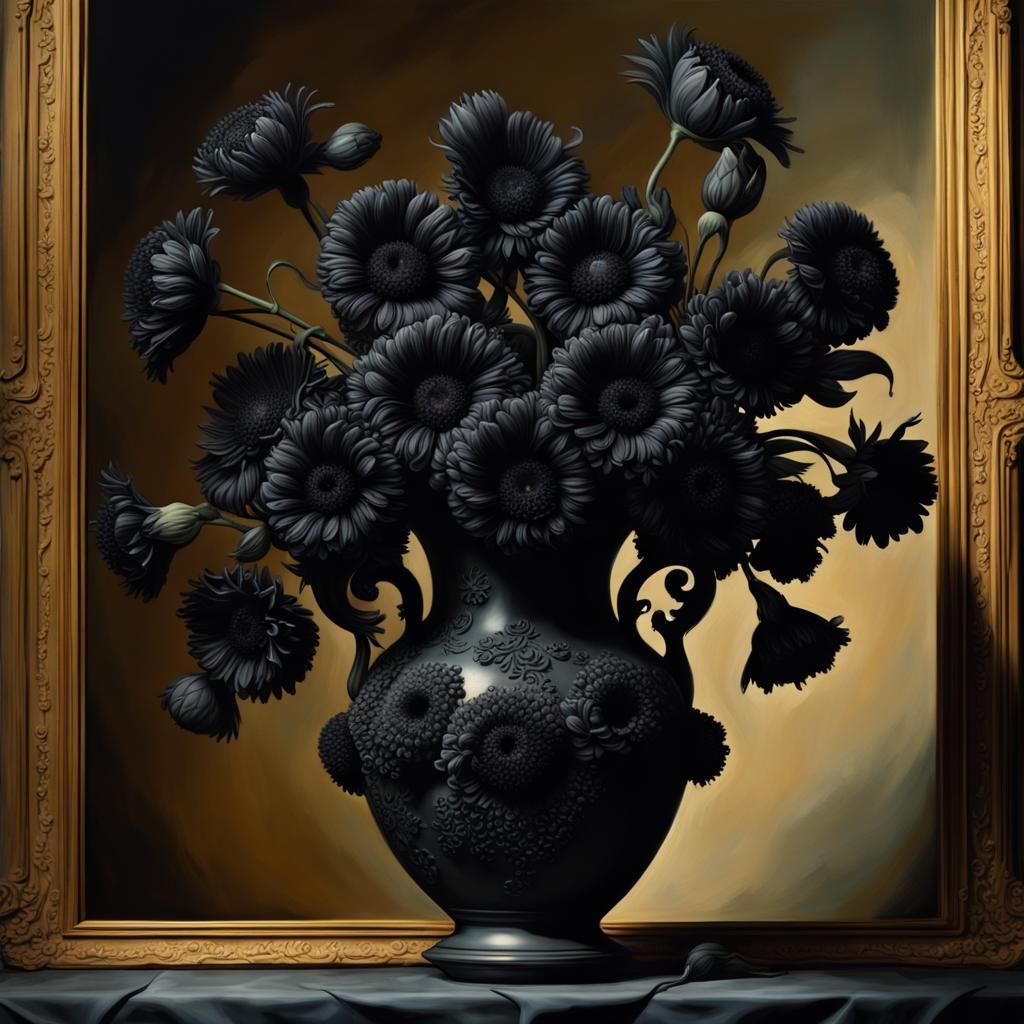 Moody Black Flowers Still Life in Hyperrealistic Style