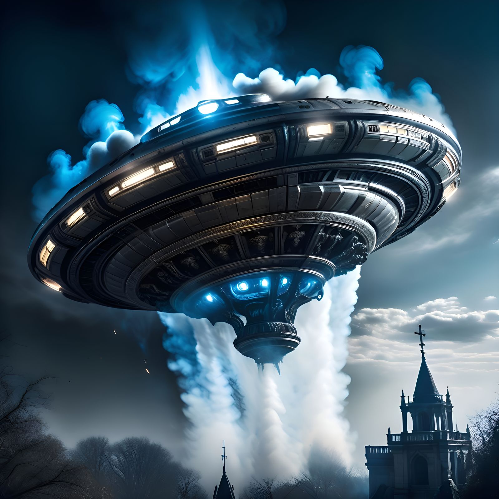 Gothic UFO Launch in Hyperrealistic Detail