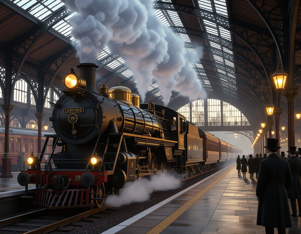 Steampunk Steam Train Arrives at Victorian Gearford Station