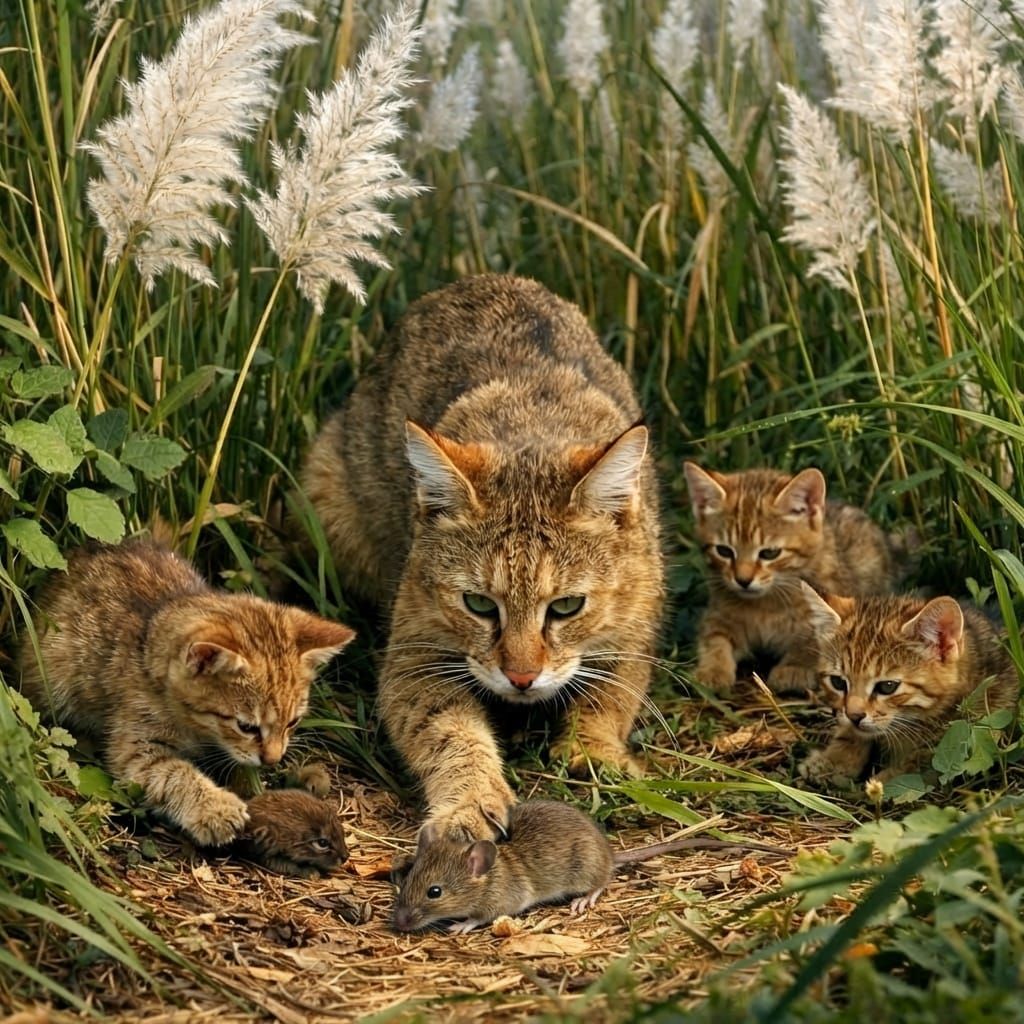 Jungle Cat Family Hunting Rodents in Reed Bed