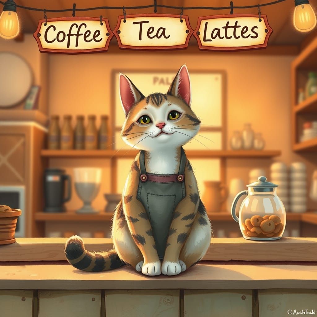 Whimsical Feline Barista in Cozy Coffee Shop