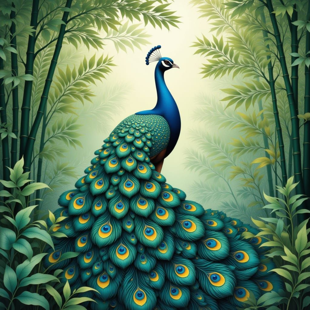 Ethereal Peacock in a Lush Chinese Garden, in Folk Art Nouve...