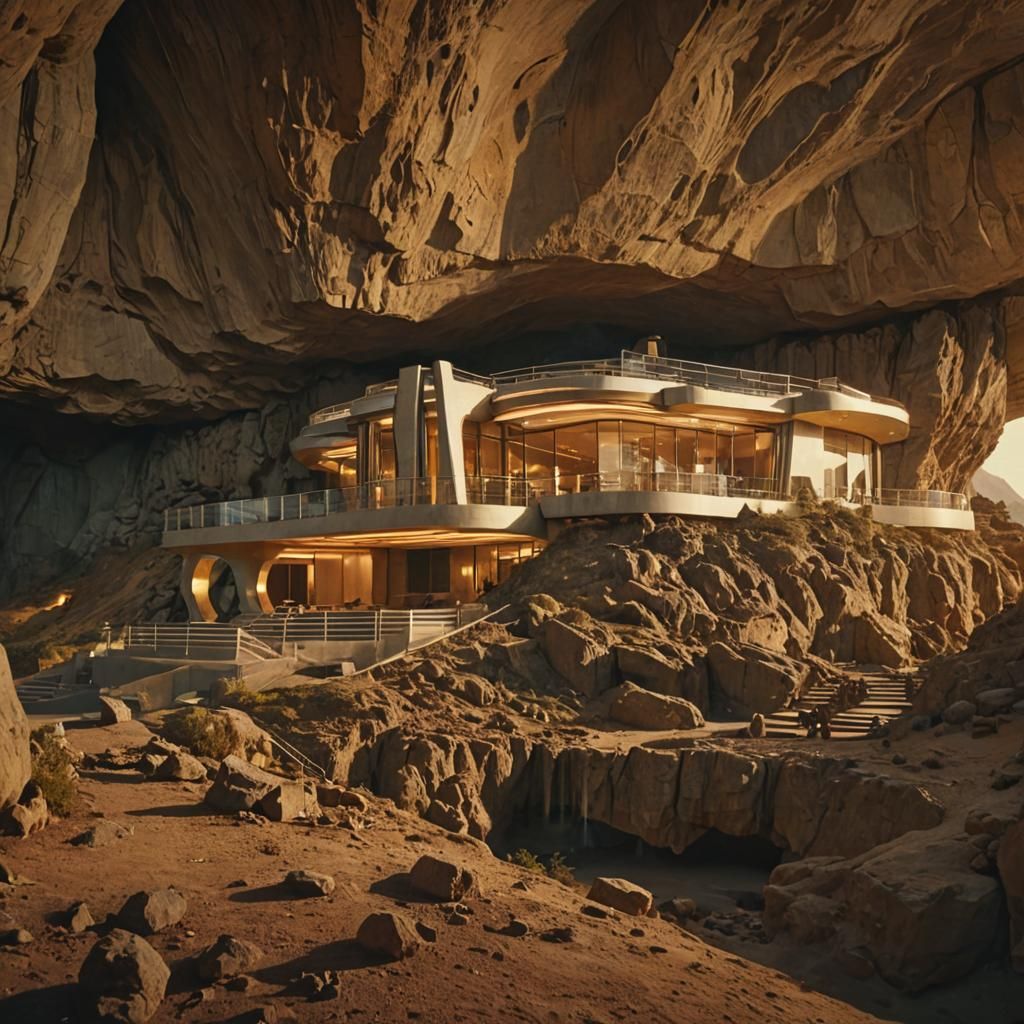 Futuristic House Hidden in Cave, Cinematic Film Still