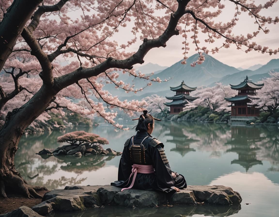Samurai Dreaming Under Sakura Tree: Surreal Oil Painting