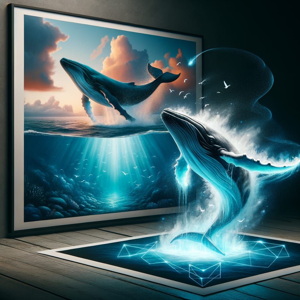 Whale Leaps from Ocean in Mixed Media Art