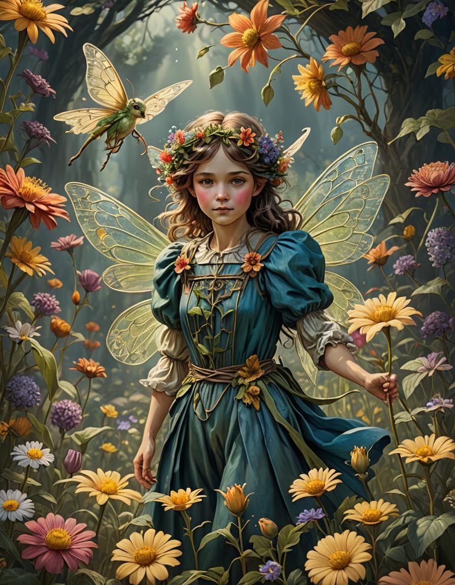 Vintage Flower Fairy in Detailed Matte Painting Style