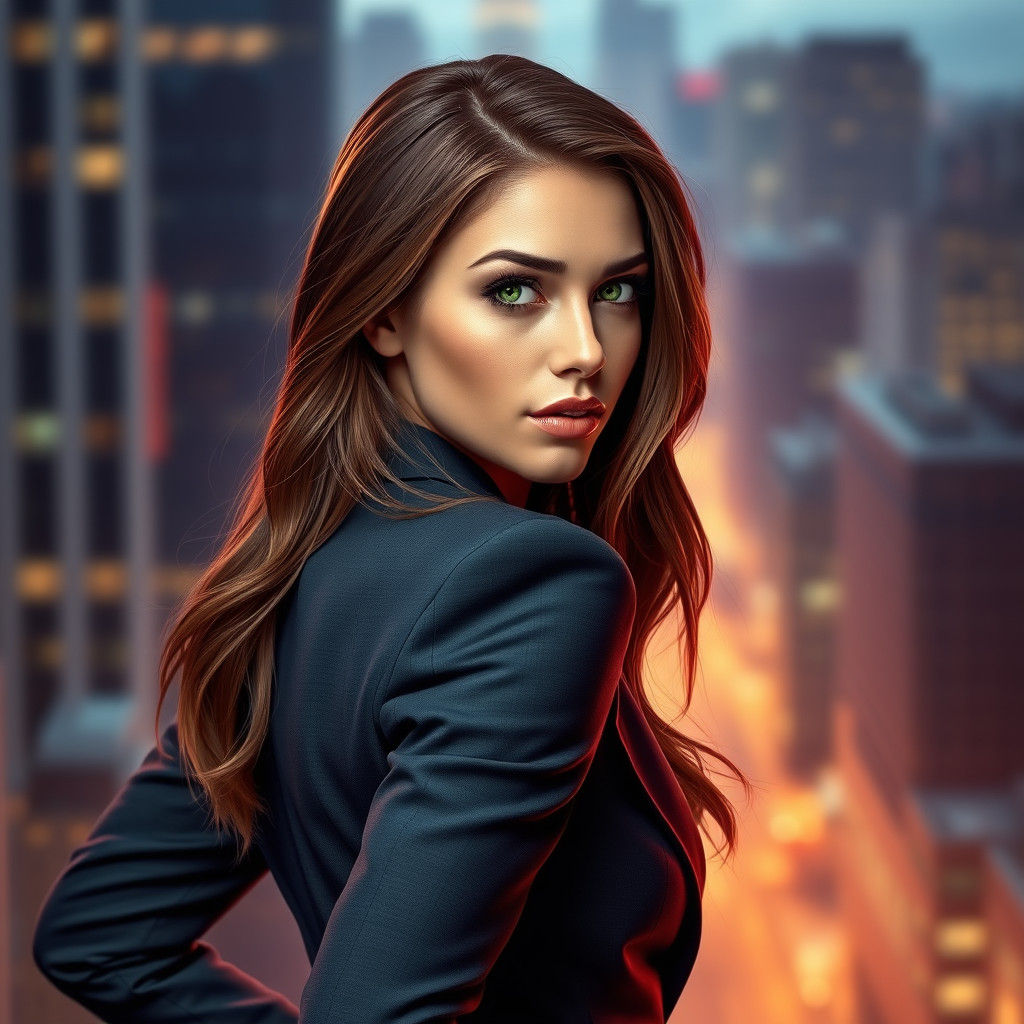Confident Green-Eyed Woman in Cityscape Digital Art