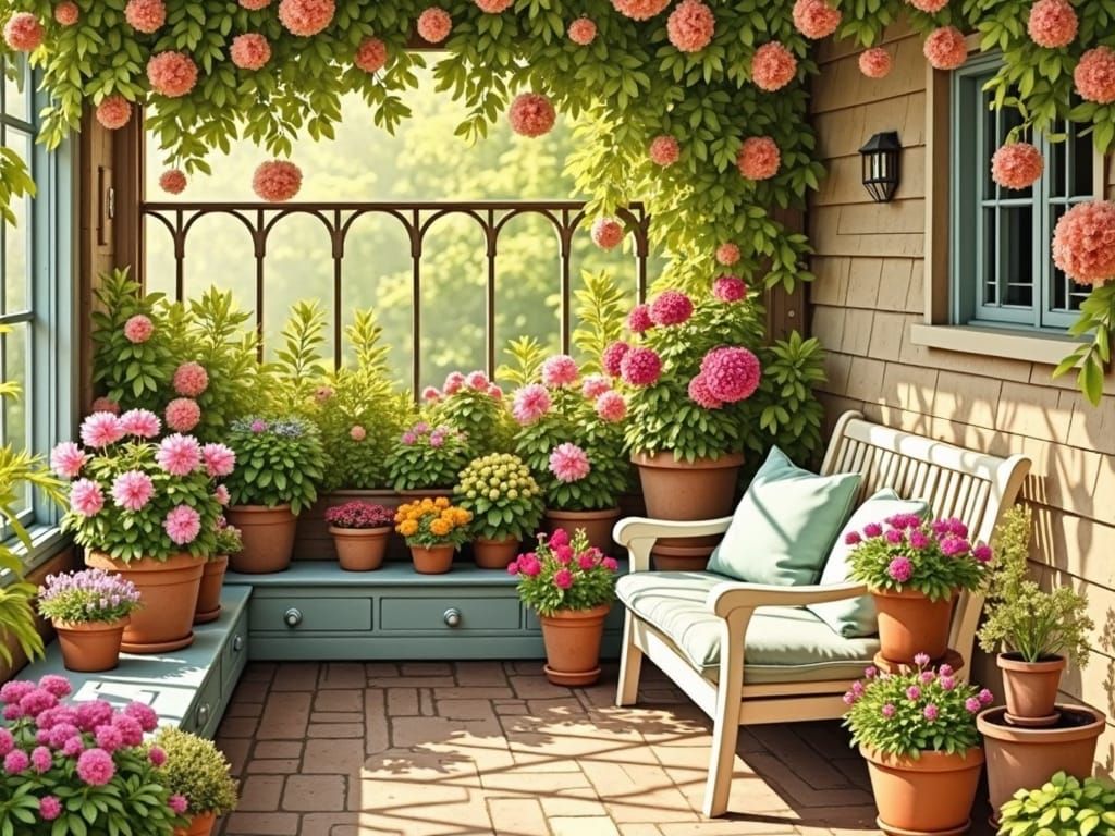 Whimsical Garden Oasis with Blooming Flowers and Vintage Sea...