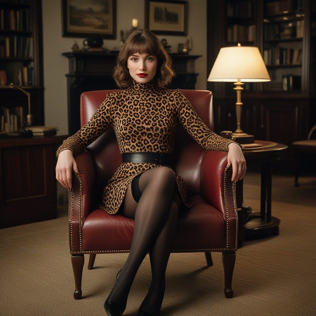 Confident Woman in Leopard Turtleneck and Miniskirt