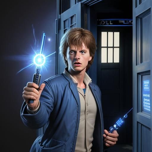 Marty McFly, Dr. Who,  tardis, sonic screwdriver, highly detailed, best quality, realistic