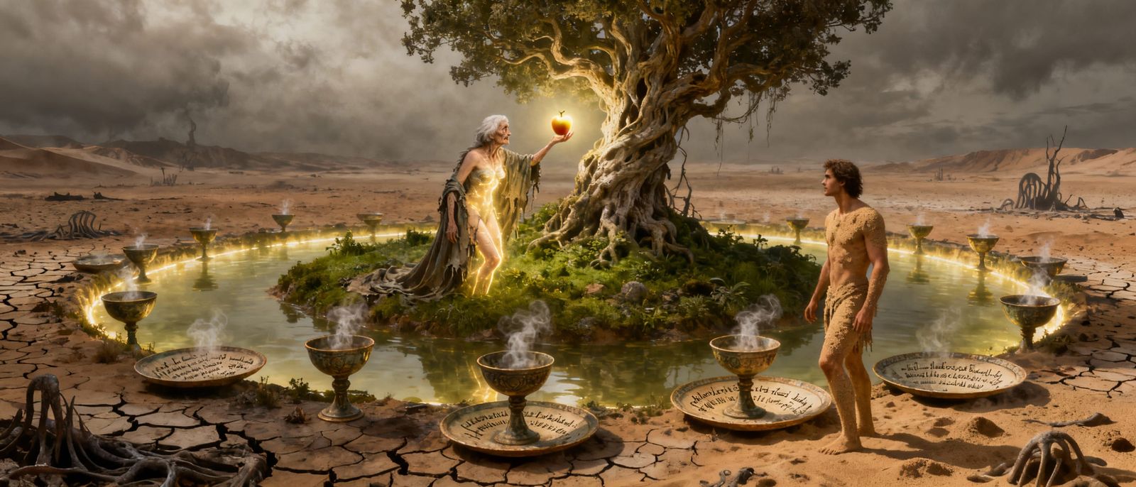 Mythic Dystopian Landscape: Tree of Eden's Glowing Apple