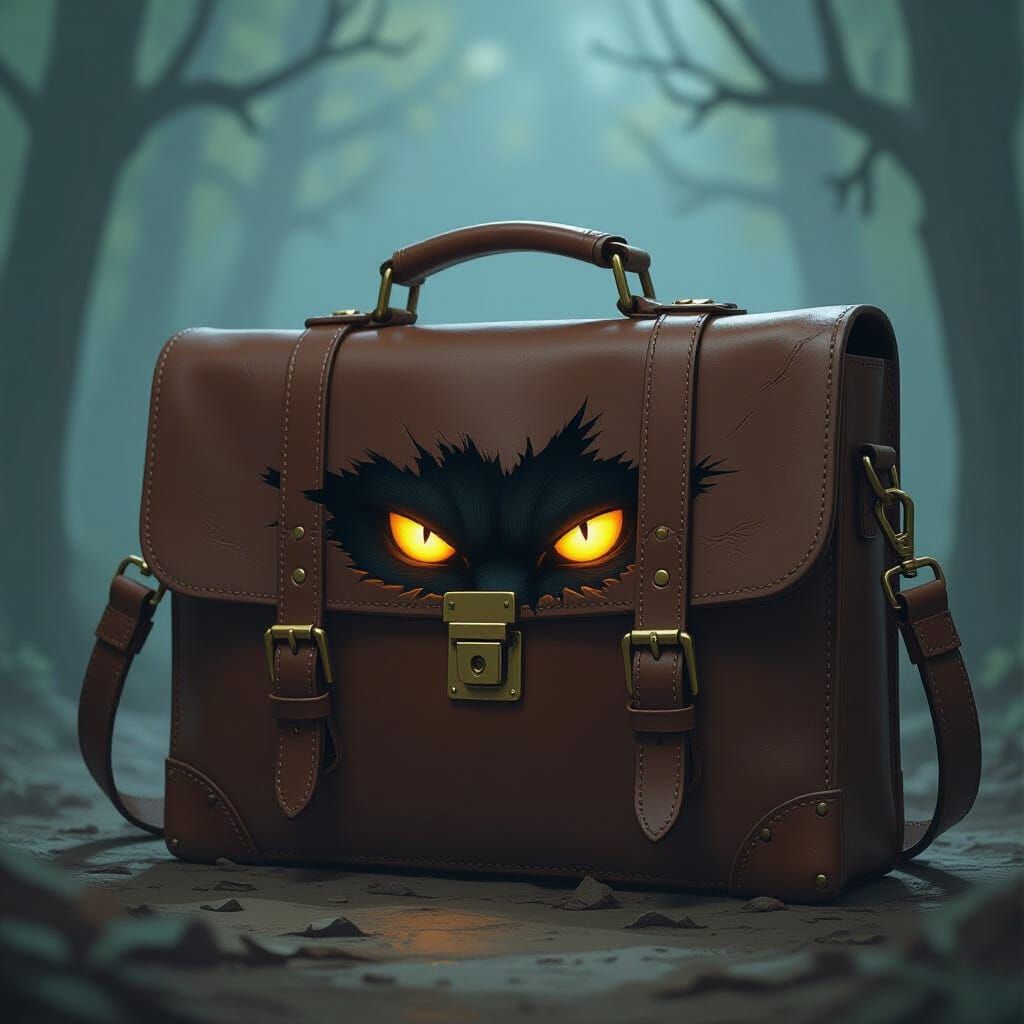 Glowing Eyes Peek from Vintage Briefcase