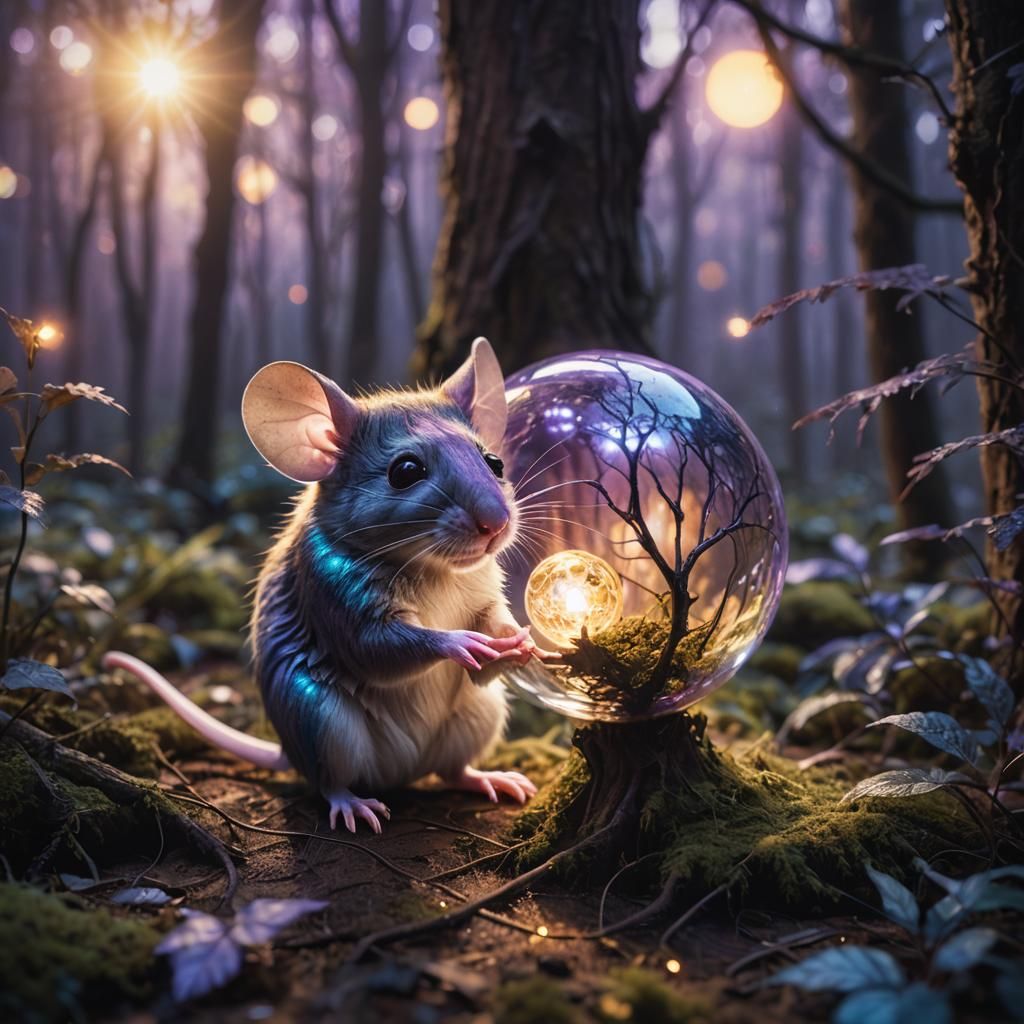 Mouse with Glowing Orb in Mystical Forest