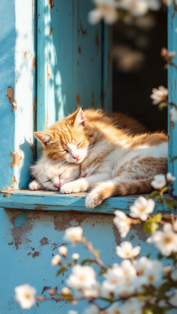 Cats Bask in Warm Mediterranean Glow on Rustic Window Ledge