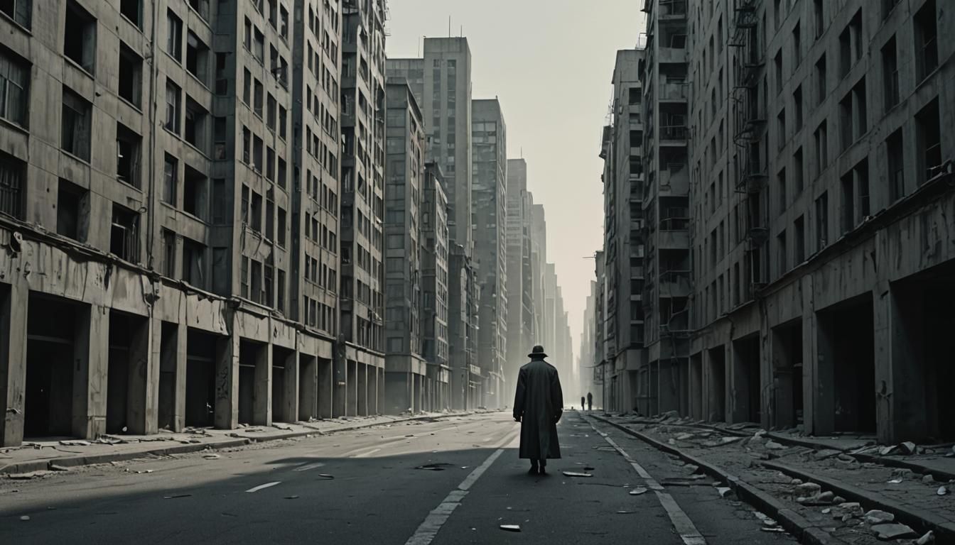 Desolate Figure in Surreal Dystopian Cityscape