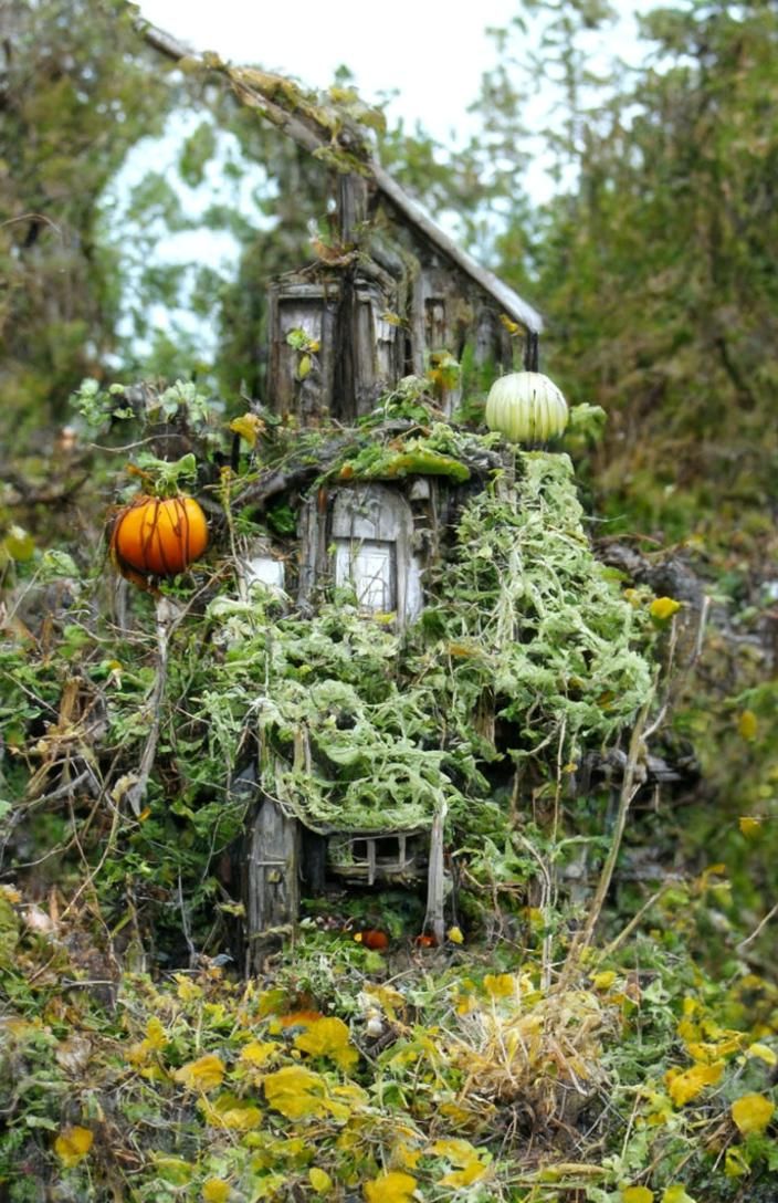Spooky Moss Cottage with Pumpkin Patch, Fantasy Art