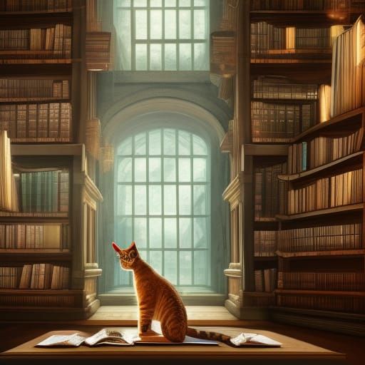 Cat Reading Book in Library: Detailed Matte Painting