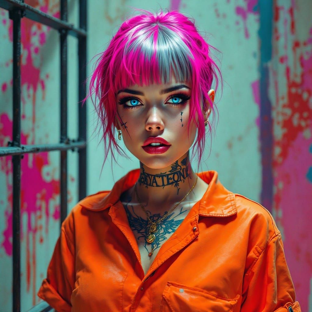 Vibrant Woman in Jail Cell: Comic Book Style Portrait