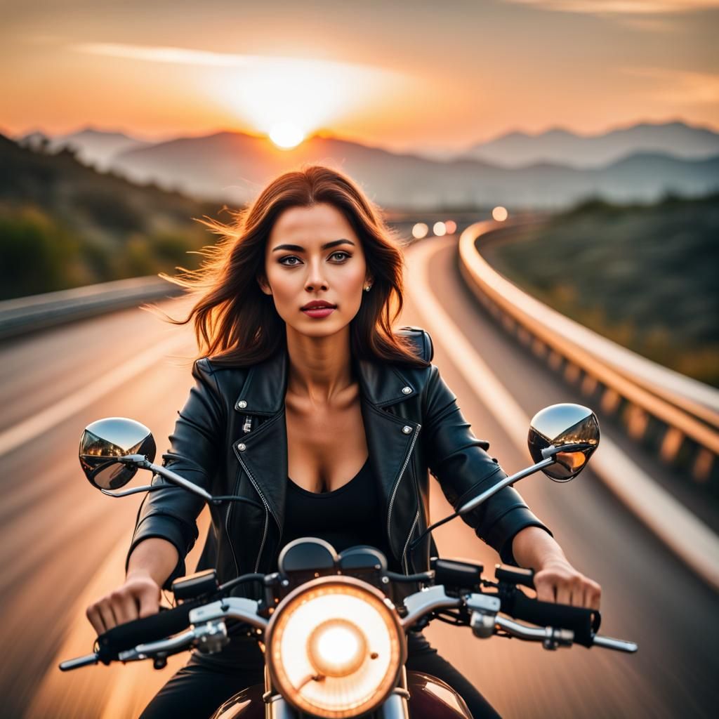 Woman Rides Motorcycle at Sunset: Professional Photography