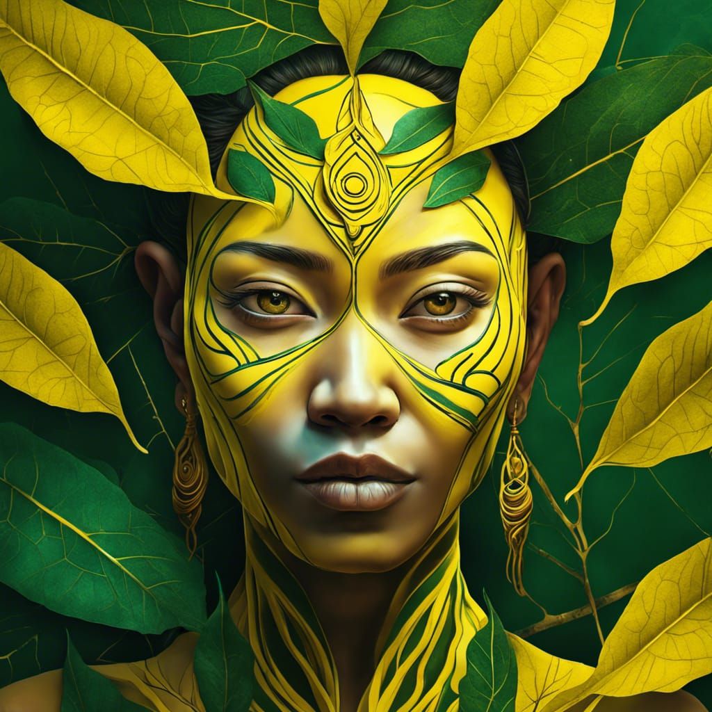 Hyperrealistic Caapi Mother Aya with Dark Green Leaves