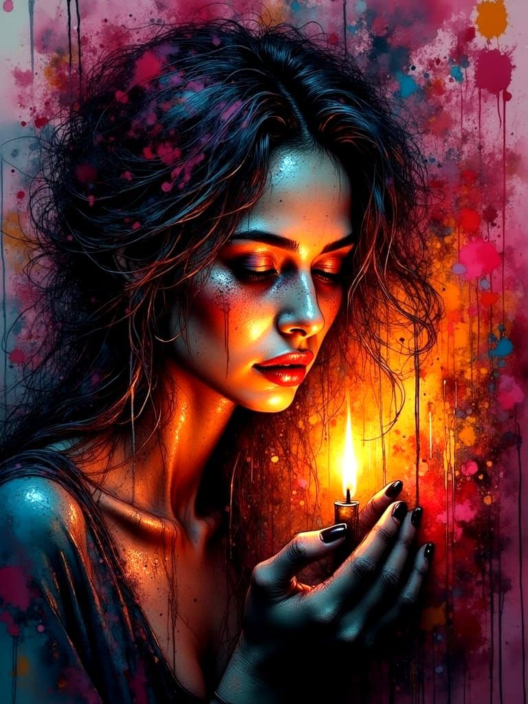 Woman in Darkness Holding Candle as Graffiti Art