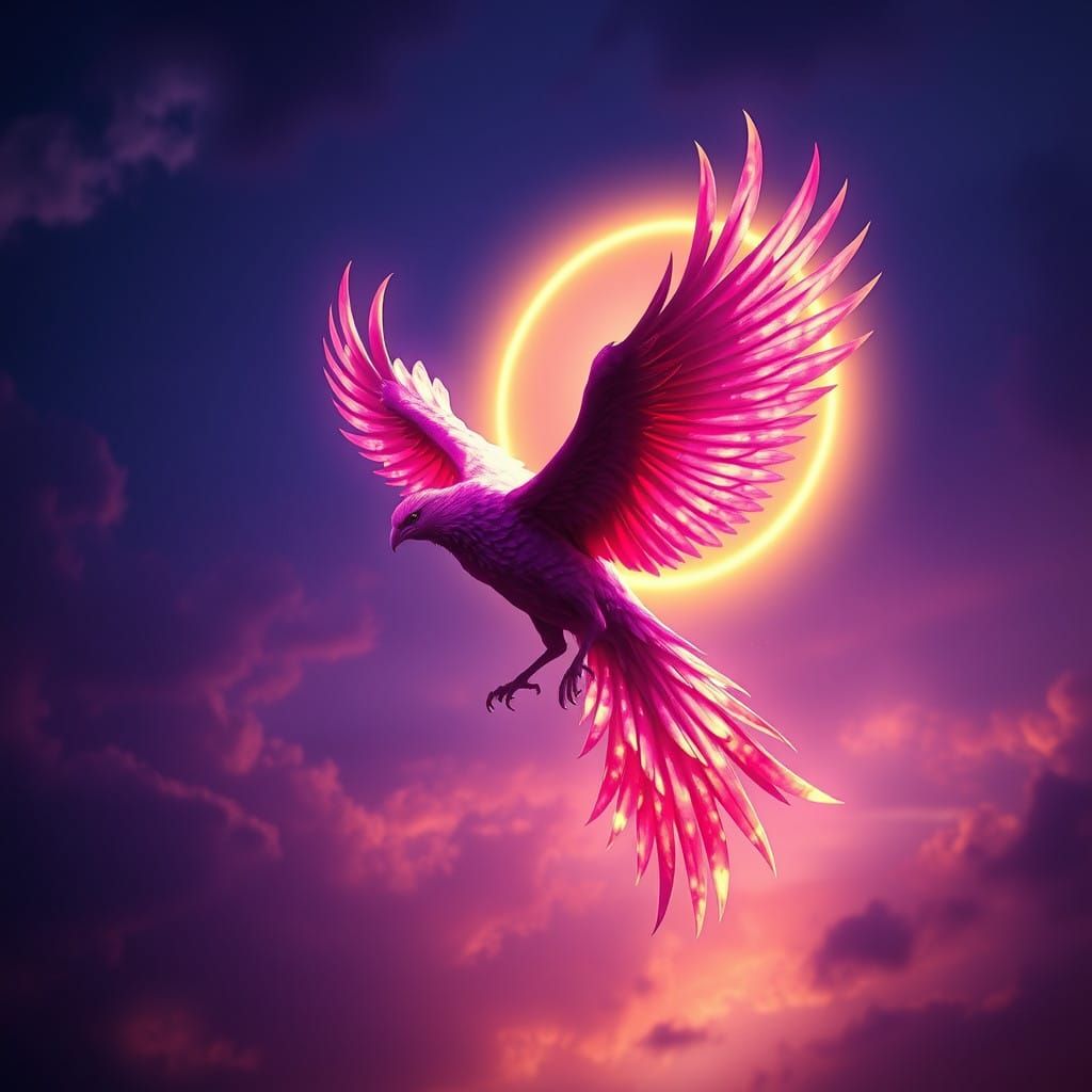 Majestic Phoenix in Golden Halo, Set Against Vibrant, Dreaml...
