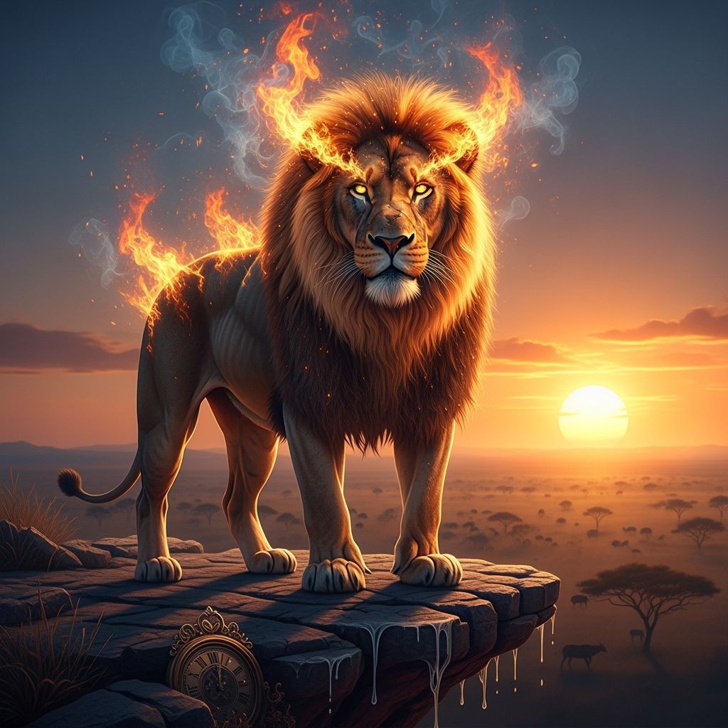 Lion with Flaming Mane Overlooking Savannah