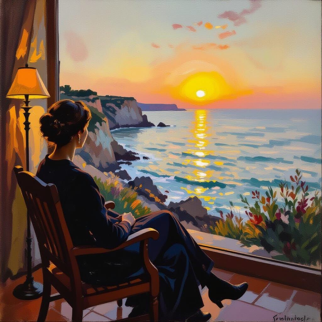 Woman in Armchair at Sunset: Impressionist Style