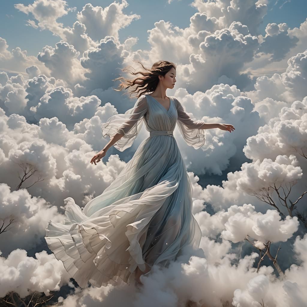 Ethereal Cloud Woman Above Floating Islands in Anime Style