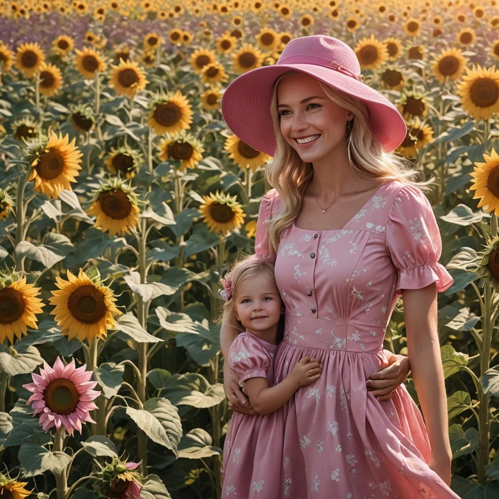 Blonde Woman and Girl in Sunflower Field, Matte Painting