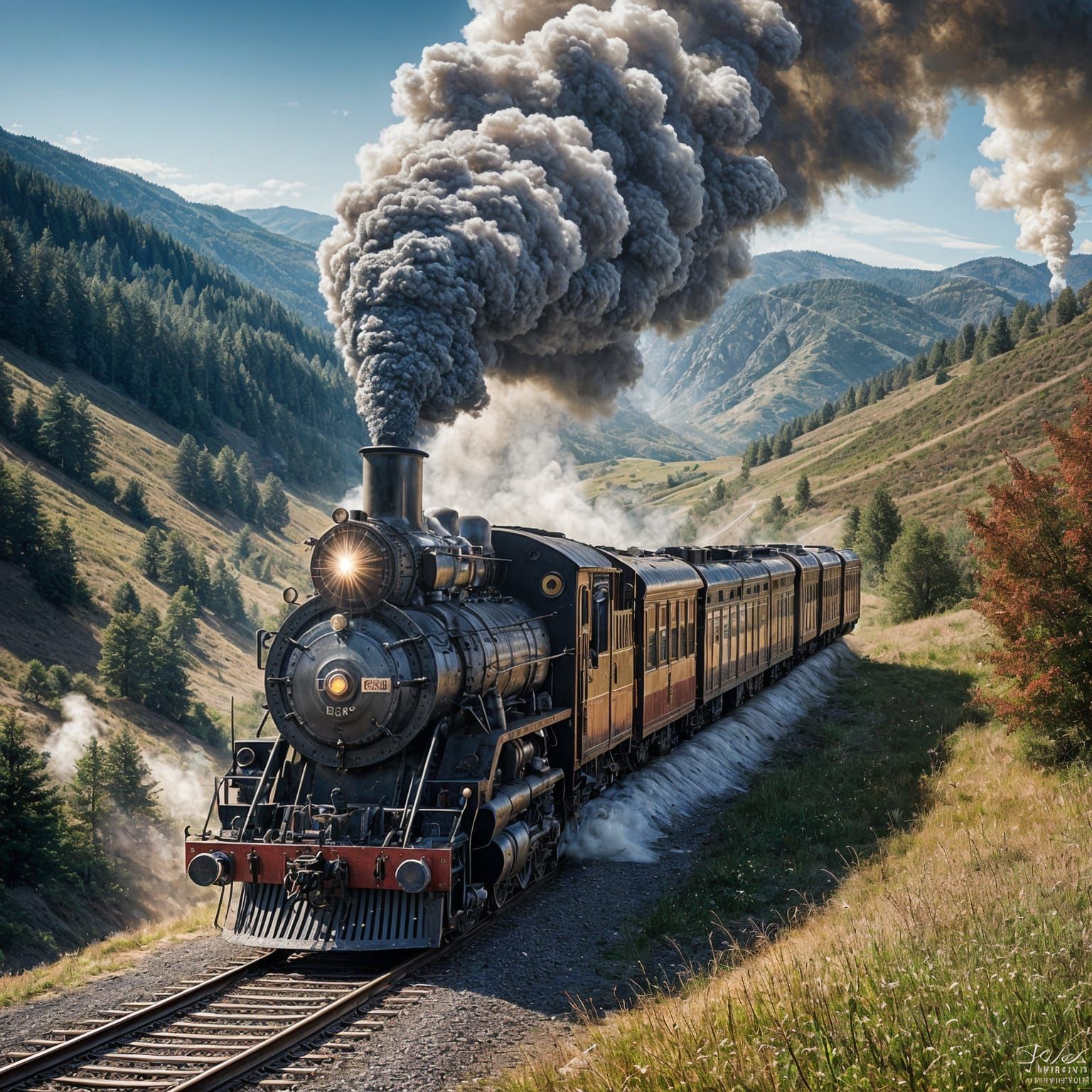 Majestic Steam Locomotive with American Flag Smoke