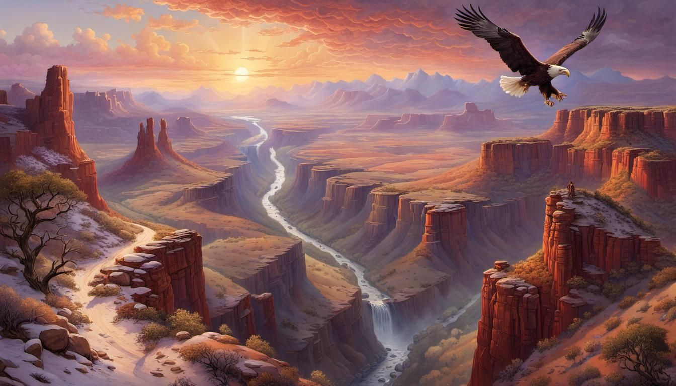 Majestic Eagle View of Desert River and Stone Towers