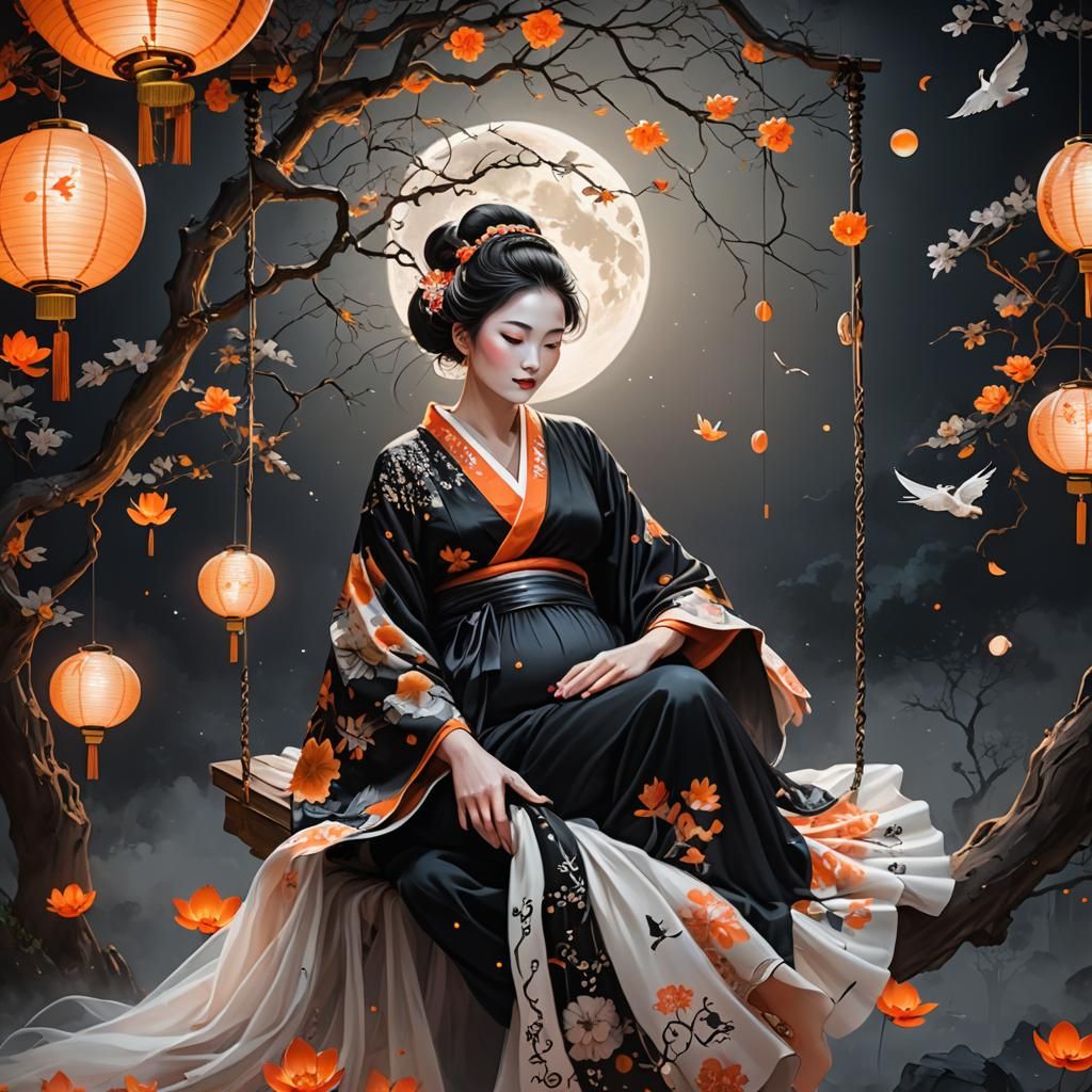 Pregnant Woman on Swing in Hyperrealistic Style