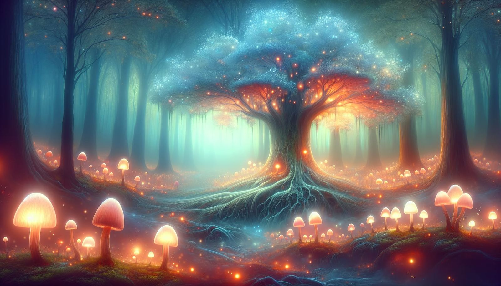 Ethereal Tree Roots Merging with Earth's Glowing Core