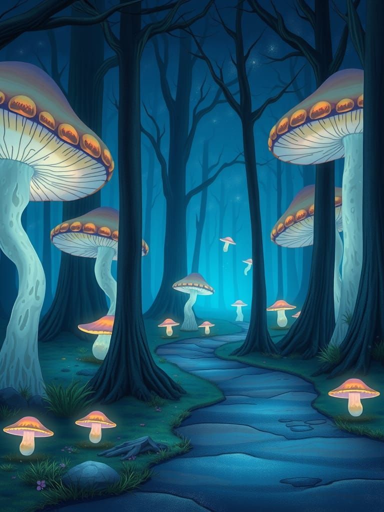 A serene landscape featuring a bioluminescent forest where g...