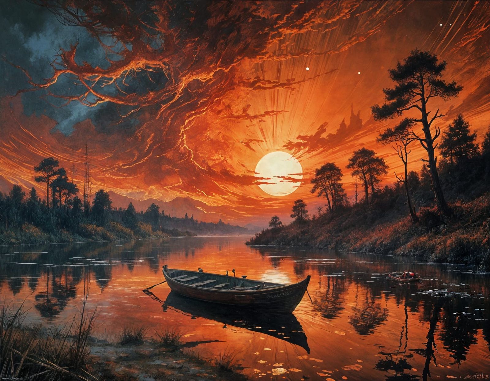 Encaustic Sunset Over Lake in Neon Fire Red